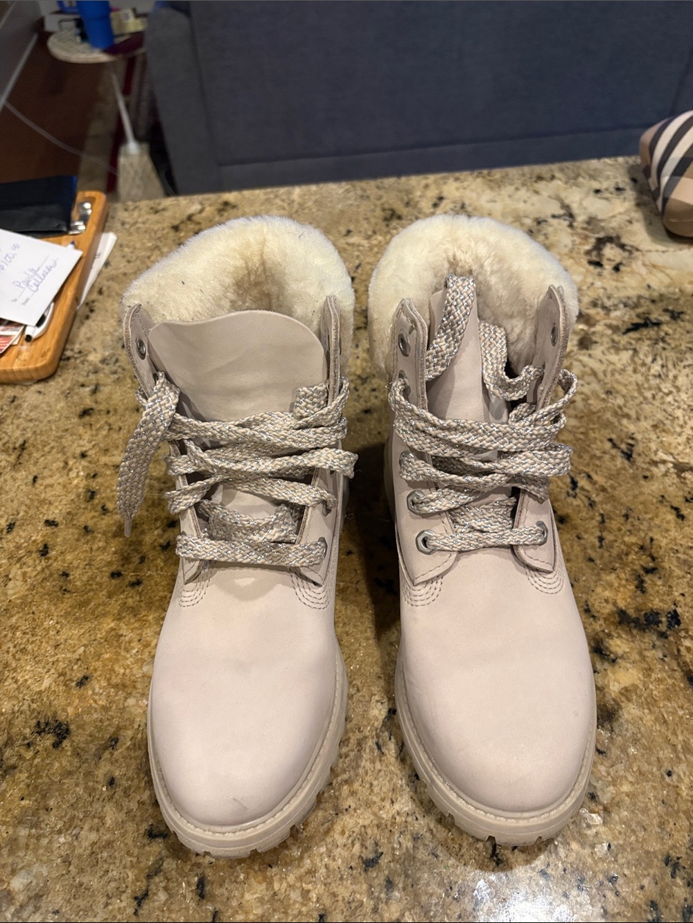 Timberland Women's Beige Lace-Up Winter Boots with Faux Fur Collar